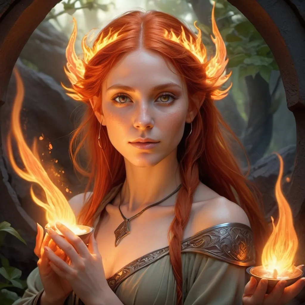 Prompt: [photorealistic, fantasy, detailed]
Subject: A serene Flare Elf Healer with fiery red hair and glowing ember eyes, using healing flames that cauterize wounds and accelerate regeneration. She is surrounded by a soft aura of flames.
Environment/Background: A tranquil volcanic garden with lava flowers and glowing ember trees, gentle streams of molten lava flowing through.
Art Style: Realistic fantasy, inspired by Alphonse Mucha and Michael Whelan, emphasizing serenity and mystical healing.
Lighting: Soft, warm lighting with a gentle glow from the healing flames and embers.
Camera: Medium shot, capturing the healer's peaceful expression and the healing process.
Render: Ultra-high resolution, sharp details, and realistic lighting effects.

Keywords: Flare Elf Healer, healing flames, tranquil volcanic garden, mystical healing, serenity, realistic fantasy, Alphonse Mucha, Michael Whelan, fiery red hair, ember-glowing eyes, gentle glow, soft warm lighting.
