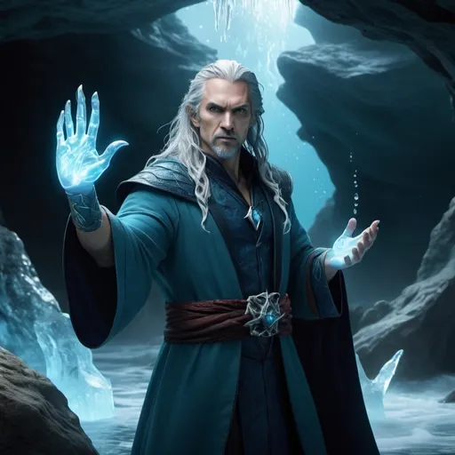 Prompt: Create a photorealistic image of an Aqua Vampire Mage. The vampire is an elegant, nocturnal creature with a pale blue complexion and webbed fingers. The setting is an underwater cave, with glowing coral and mystical symbols etched into the rocks. The mage is casting a spell, with water whips spiraling around them and a tidal wave forming in the background. Ice shards are also present, hinting at their control over ice storms. The mage's expression is focused, and their hands are raised in a casting gesture. Image type: photorealistic. Art styles: hyper-realism, cinematic, fantasy. Inspirations: Avatar by James Cameron, Aquaman by James Wan. Lighting: mystical glow. Camera: medium shot. Render: ultra-high resolution, 4K.
