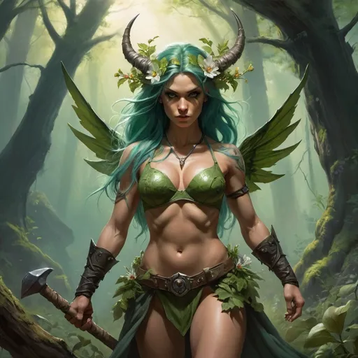 Prompt: {
  "type": "Photorealistic",
  "subject": "Earth Fae Fighter",
  "description": "A fierce Earth Fae Fighter with green-tinted skin and hair adorned with flowers and leaves, standing in a dense, ancient forest. They wield a thorny whip in one hand and a stone hammer in the other, ready for combat. Their muscles are defined, and their eyes glow with determination. The terrain around them seems to respond to their presence, with roots and rocks subtly shifting. The Fighter’s wings are strong and broad, allowing for swift movements.",
  "art_styles": "High realism, Fantasy",
  "inspirations": "Frank Frazetta, Boris Vallejo",
  "lighting": "Dramatic lighting with strong contrasts",
  "camera": "Close-up shot, low angle",
  "render_related": "8k resolution, HDR, highly detailed"
}
