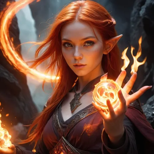 Prompt: [photorealistic, fantasy, detailed]
Subject: A powerful Flare Elf Mage with fiery red hair and glowing ember eyes, casting a fireball spell. Flames and magical energy swirl around her hands.
Environment/Background: A mystical volcanic cavern with glowing runes and lava pools.
Art Style: Realistic fantasy, inspired by Ruan Jia and Sakimichan, with focus on magical effects and ethereal beauty.
Lighting: Mystical, fiery lighting with glowing runes and reflections.
Camera: Close-up shot, emphasizing the intensity and concentration of the mage.
Render: Ultra-high resolution, sharp details, and realistic lighting effects.

Keywords: Flare Elf Mage, fireball spell, mystical volcanic cavern, magical effects, ethereal beauty, realistic fantasy, Ruan Jia, Sakimichan, fiery red hair, ember-glowing eyes.
