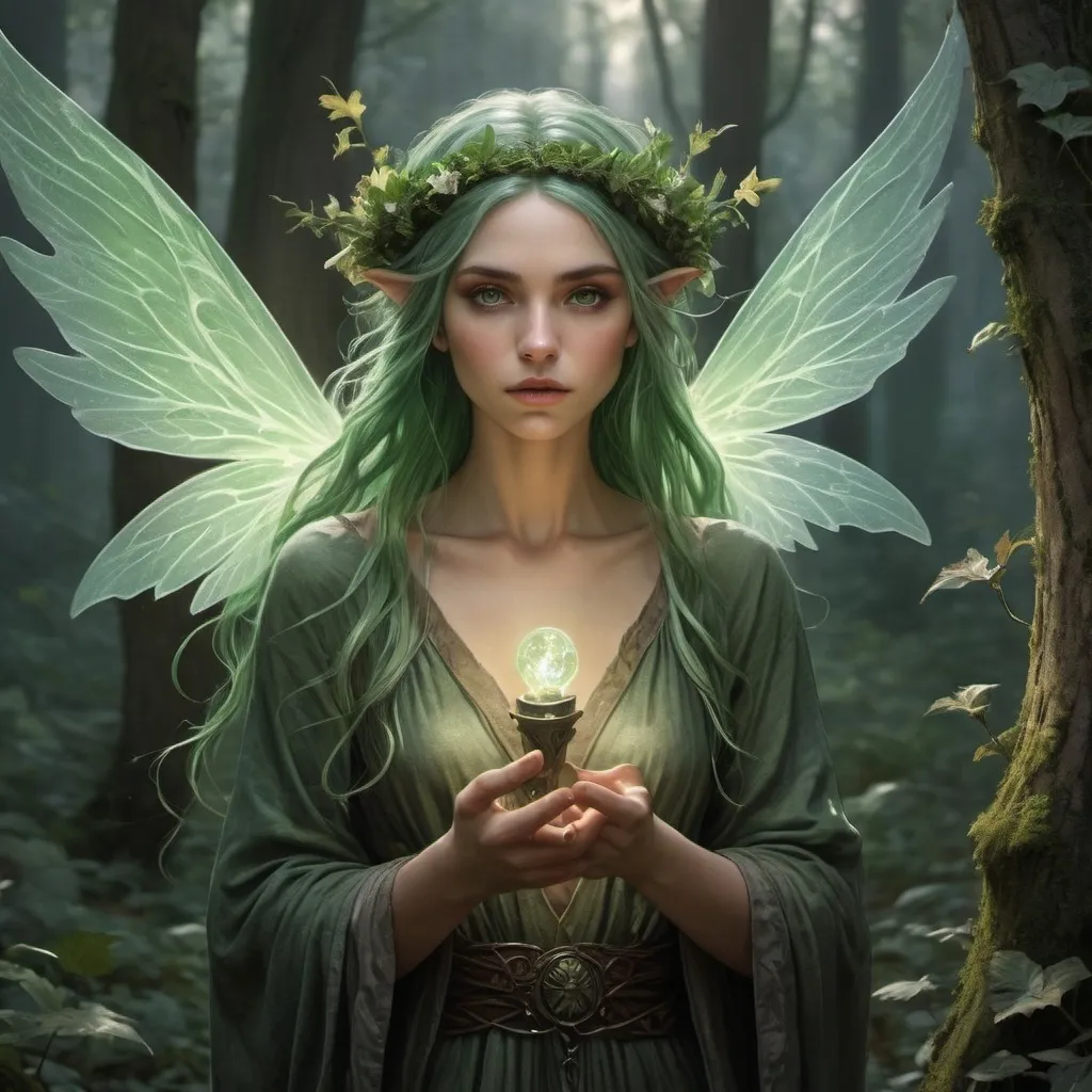 Prompt: {
  "type": "Photorealistic",
  "subject": "Earth Fae Mage",
  "description": "An ethereal Earth Fae Mage with green-tinted skin and hair adorned with flowers and leaves, situated in an ancient, mystical forest. They are casting a spell, their hands glowing with earthy magic as they summon golems from the ground and vines to entrap enemies. The Mage’s eyes are closed in concentration, and their wings are spread wide, shimmering with a magical aura. The surrounding forest seems alive, responding to the Mage’s power.",
  "art_styles": "High realism, Fantasy",
  "inspirations": "John William Waterhouse, Arthur Rackham",
  "lighting": "Mystical glow with soft highlights",
  "camera": "Wide shot, overhead angle",
  "render_related": "8k resolution, volumetric lighting, highly detailed"
}
