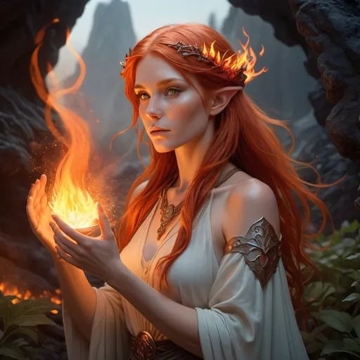 Prompt: [photorealistic, fantasy, detailed]
Subject: A serene Flare Elf Healer with fiery red hair and glowing ember eyes, using healing flames that cauterize wounds and accelerate regeneration. She is surrounded by a soft aura of flames.
Environment/Background: A tranquil volcanic garden with lava flowers and glowing ember trees, gentle streams of molten lava flowing through.
Art Style: Realistic fantasy, inspired by Alphonse Mucha and Michael Whelan, emphasizing serenity and mystical healing.
Lighting: Soft, warm lighting with a gentle glow from the healing flames and embers.
Camera: Medium shot, capturing the healer's peaceful expression and the healing process.
Render: Ultra-high resolution, sharp details, and realistic lighting effects.

Keywords: Flare Elf Healer, healing flames, tranquil volcanic garden, mystical healing, serenity, realistic fantasy, Alphonse Mucha, Michael Whelan, fiery red hair, ember-glowing eyes, gentle glow, soft warm lighting.
