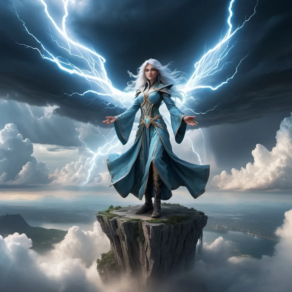 Prompt: A photorealistic image of a Sky Elf mage, an enchanting figure with long, flowing silver hair and luminescent light blue wings, standing on a precipice of a floating island high above the clouds. The mage, adorned in robes that flutter gently in the wind, raises their hands to summon powerful air spells. A swirling vortex forms around them, with crackling energy and miniature tornadoes dancing at their fingertips. Lightning streaks across the sky, illuminating their intense expression and casting dramatic shadows. The floating city is visible in the distance, its towers piercing through the clouds, highlighted by the occasional flash of lightning. The image is filled with magical energy and atmospheric tension. Art styles: photorealism, fantasy, mystical. Lighting: stormy, dramatic highlights. Camera: epic wide shot. Resolution: 8k, ultra-detailed.
