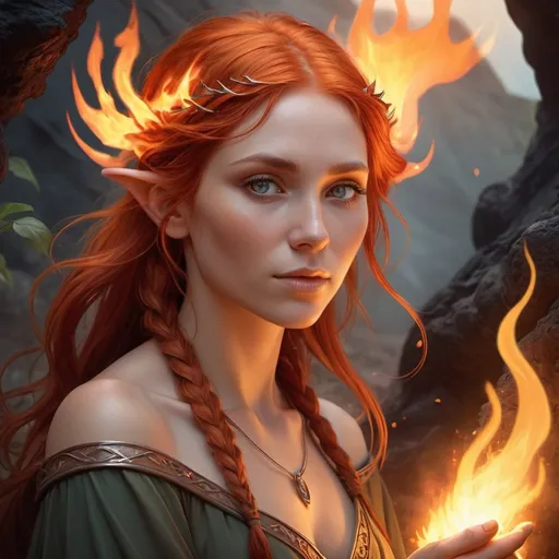 Prompt: [photorealistic, fantasy, detailed]
Subject: A serene Flare Elf Healer with fiery red hair and glowing ember eyes, using healing flames that cauterize wounds and accelerate regeneration. She is surrounded by a soft aura of flames.
Environment/Background: A tranquil volcanic garden with lava flowers and glowing ember trees, gentle streams of molten lava flowing through.
Art Style: Realistic fantasy, inspired by Alphonse Mucha and Michael Whelan, emphasizing serenity and mystical healing.
Lighting: Soft, warm lighting with a gentle glow from the healing flames and embers.
Camera: Medium shot, capturing the healer's peaceful expression and the healing process.
Render: Ultra-high resolution, sharp details, and realistic lighting effects.

Keywords: Flare Elf Healer, healing flames, tranquil volcanic garden, mystical healing, serenity, realistic fantasy, Alphonse Mucha, Michael Whelan, fiery red hair, ember-glowing eyes, gentle glow, soft warm lighting.
