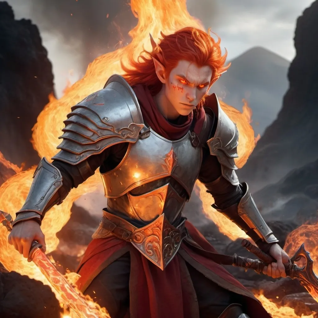 Prompt: [photorealistic, fantasy, detailed]
Subject: A formidable Flare Elf Fighter with fiery red hair and glowing ember eyes, wielding flaming swords and a blazing shield. He stands in a battle stance, surrounded by flames.
Environment/Background: A volcanic battlefield with erupting geysers of lava and scorched earth.
Art Style: Realistic fantasy, inspired by Greg Rutkowski and Dan Luvisi, with emphasis on intense action and dynamic poses.
Lighting: Intense, fiery lighting highlighting the flames and armor.
Camera: Action-packed mid-shot, capturing the heat and energy of the battle.
Render: Ultra-high resolution, sharp details, and realistic lighting effects.

Keywords: Flare Elf Fighter, flaming swords, blazing shield, volcanic battlefield, intense action, dynamic poses, realistic fantasy, Greg Rutkowski, Dan Luvisi, fiery red hair, ember-glowing eyes.
