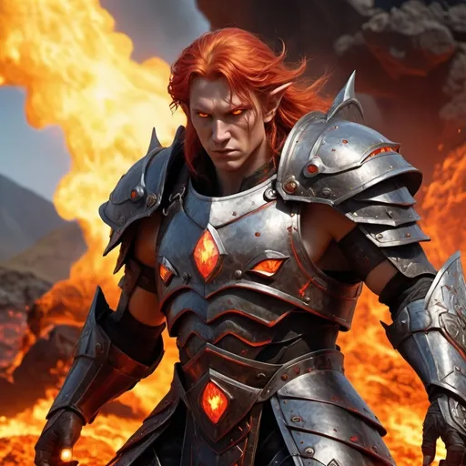 Prompt: [photorealistic, fantasy, detailed]
Subject: A resilient Flare Elf Tank with fiery red hair and glowing ember eyes, clad in heavy, fire-resistant armor. He is in a defensive stance, ready to launch explosive fire attacks.
Environment/Background: A volcanic stronghold with molten lava flows and towering rock formations.
Art Style: Realistic fantasy, inspired by Adrian Smith and Karl Kopinski, with emphasis on strength and resilience.
Lighting: Harsh, fiery lighting highlighting the armor and environment.
Camera: Low-angle shot, capturing the imposing figure of the tank.
Render: Ultra-high resolution, sharp details, and realistic lighting effects.

Keywords: Flare Elf Tank, fire-resistant armor, volcanic stronghold, explosive fire attacks, strength and resilience, realistic fantasy, Adrian Smith, Karl Kopinski, fiery red hair, ember-glowing eyes.
