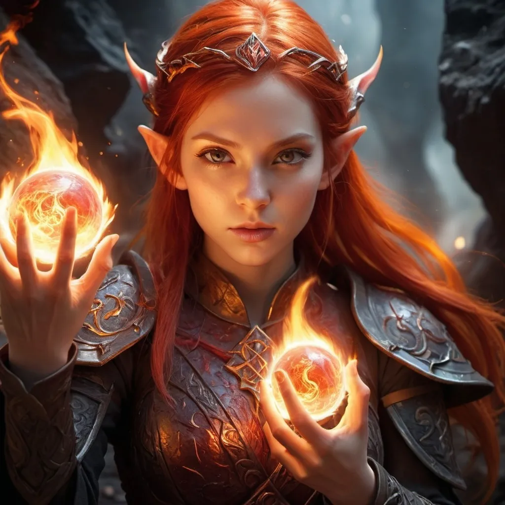 Prompt: [photorealistic, fantasy, detailed]
Subject: A powerful Flare Elf Mage with fiery red hair and glowing ember eyes, casting a fireball spell. Flames and magical energy swirl around her hands.
Environment/Background: A mystical volcanic cavern with glowing runes and lava pools.
Art Style: Realistic fantasy, inspired by Ruan Jia and Sakimichan, with focus on magical effects and ethereal beauty.
Lighting: Mystical, fiery lighting with glowing runes and reflections.
Camera: Close-up shot, emphasizing the intensity and concentration of the mage.
Render: Ultra-high resolution, sharp details, and realistic lighting effects.

Keywords: Flare Elf Mage, fireball spell, mystical volcanic cavern, magical effects, ethereal beauty, realistic fantasy, Ruan Jia, Sakimichan, fiery red hair, ember-glowing eyes.
