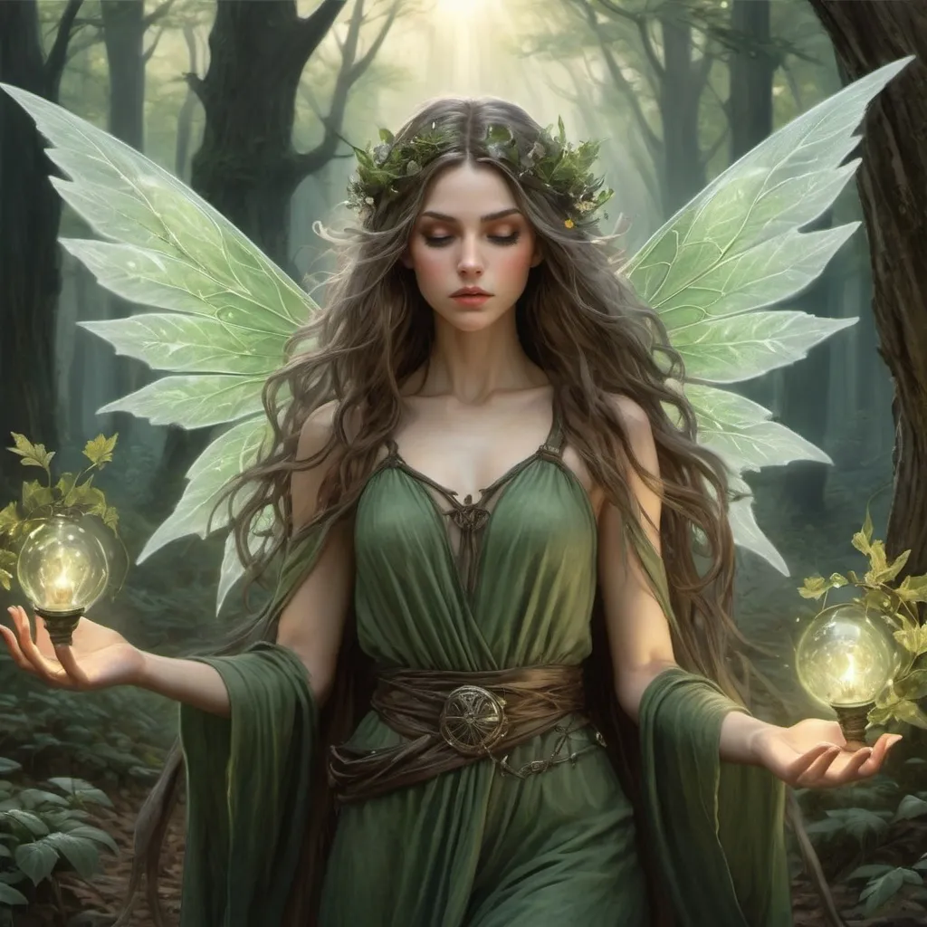 Prompt: {
  "type": "Photorealistic",
  "subject": "Earth Fae Mage",
  "description": "An ethereal Earth Fae Mage with green-tinted skin and hair adorned with flowers and leaves, situated in an ancient, mystical forest. They are casting a spell, their hands glowing with earthy magic as they summon golems from the ground and vines to entrap enemies. The Mage’s eyes are closed in concentration, and their wings are spread wide, shimmering with a magical aura. The surrounding forest seems alive, responding to the Mage’s power.",
  "art_styles": "High realism, Fantasy",
  "inspirations": "John William Waterhouse, Arthur Rackham",
  "lighting": "Mystical glow with soft highlights",
  "camera": "Wide shot, overhead angle",
  "render_related": "8k resolution, volumetric lighting, highly detailed"
}
