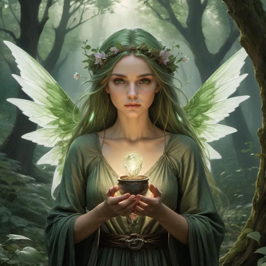 Prompt: {
  "type": "Photorealistic",
  "subject": "Earth Fae Mage",
  "description": "An ethereal Earth Fae Mage with green-tinted skin and hair adorned with flowers and leaves, situated in an ancient, mystical forest. They are casting a spell, their hands glowing with earthy magic as they summon golems from the ground and vines to entrap enemies. The Mage’s eyes are closed in concentration, and their wings are spread wide, shimmering with a magical aura. The surrounding forest seems alive, responding to the Mage’s power.",
  "art_styles": "High realism, Fantasy",
  "inspirations": "John William Waterhouse, Arthur Rackham",
  "lighting": "Mystical glow with soft highlights",
  "camera": "Wide shot, overhead angle",
  "render_related": "8k resolution, volumetric lighting, highly detailed"
}
