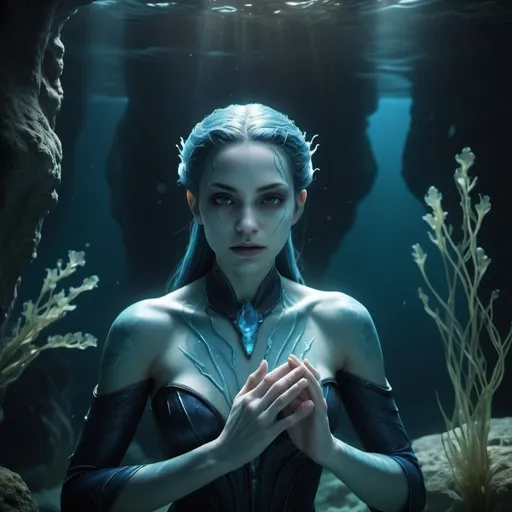 Prompt: Create a photorealistic image of an Aqua Vampire Healer. The vampire is an elegant, nocturnal creature with a pale blue complexion and webbed fingers. The setting is an underwater cave, with gentle currents and soft, ambient light from bioluminescent algae. The healer is surrounded by a faint blue aura, with their hands emitting a soft, healing light as they purify toxins from a wounded marine creature. The background shows serene water plants and a calming atmosphere. Image type: photorealistic. Art styles: hyper-realism, cinematic, fantasy. Inspirations: Avatar by James Cameron, Aquaman by James Wan. Lighting: soft healing glow. Camera: medium close-up shot. Render: ultra-high resolution, 4K.
