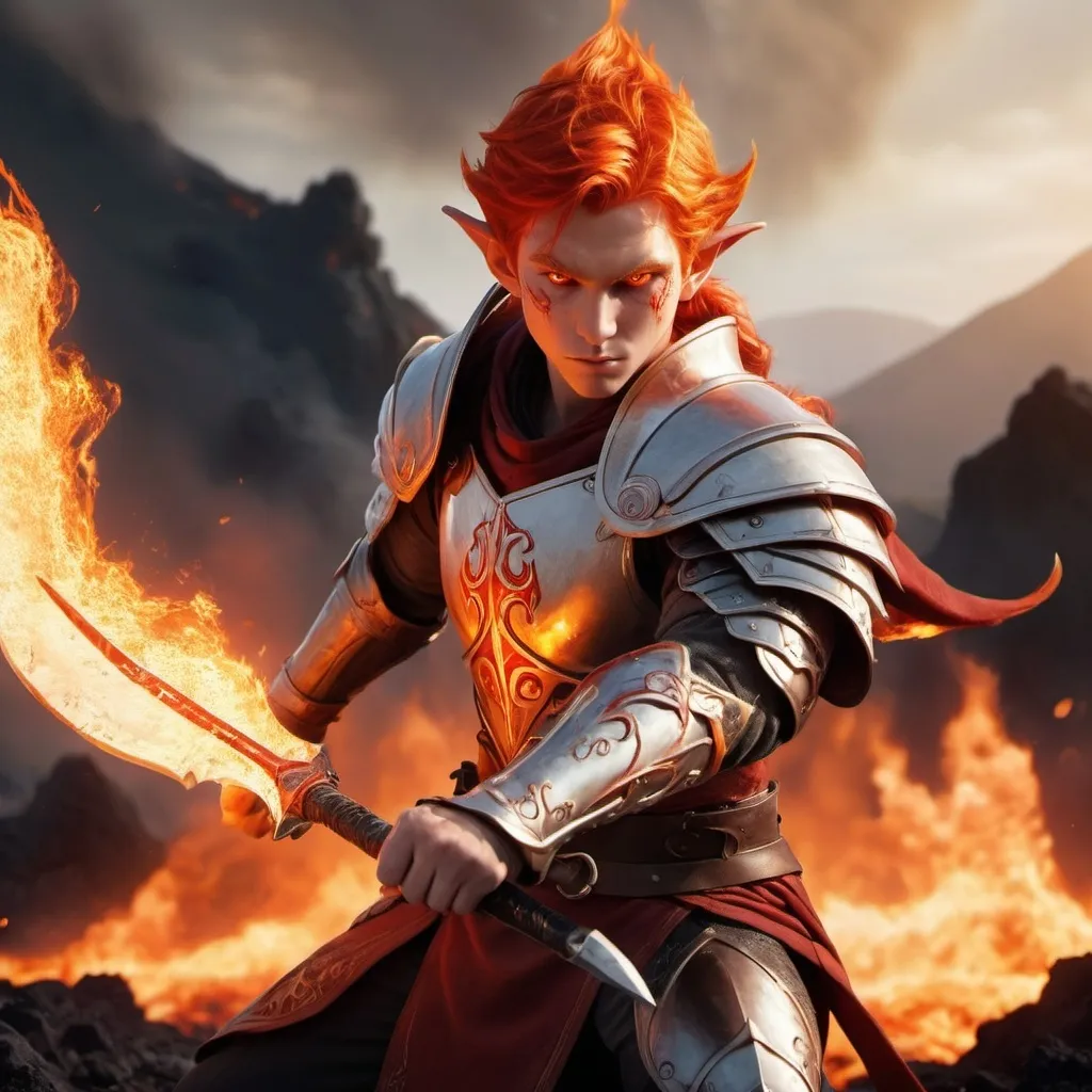 Prompt: [photorealistic, fantasy, detailed]
Subject: A formidable Flare Elf Fighter with fiery red hair and glowing ember eyes, wielding flaming swords and a blazing shield. He stands in a battle stance, surrounded by flames.
Environment/Background: A volcanic battlefield with erupting geysers of lava and scorched earth.
Art Style: Realistic fantasy, inspired by Greg Rutkowski and Dan Luvisi, with emphasis on intense action and dynamic poses.
Lighting: Intense, fiery lighting highlighting the flames and armor.
Camera: Action-packed mid-shot, capturing the heat and energy of the battle.
Render: Ultra-high resolution, sharp details, and realistic lighting effects.

Keywords: Flare Elf Fighter, flaming swords, blazing shield, volcanic battlefield, intense action, dynamic poses, realistic fantasy, Greg Rutkowski, Dan Luvisi, fiery red hair, ember-glowing eyes.
