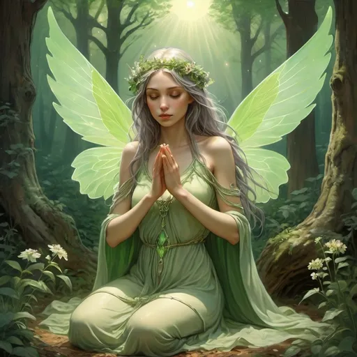 Prompt: {
  "type": "Photorealistic",
  "subject": "Earth Fae Healer",
  "description": "A serene Earth Fae Healer with green-tinted skin and hair adorned with flowers and leaves, kneeling in a peaceful, ancient forest glade. They are drawing upon the earth’s energy, their hands glowing with a gentle, green light as they heal a wounded animal. The Healer’s expression is calm and compassionate, and their wings are delicate and translucent. Around them, the plants and trees seem to thrive, vibrant and lush.",
  "art_styles": "High realism, Fantasy",
  "inspirations": "Alphonse Mucha, Edmund Dulac",
  "lighting": "Soft, healing light with warm tones",
  "camera": "Medium shot, eye level",
  "render_related": "8k resolution, soft shadows, highly detailed textures"
}
