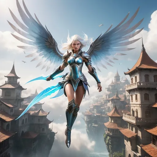 Prompt: A photorealistic image of a Sky Elf fighter, a lithe and agile warrior with flowing silver hair and iridescent light blue wings, in mid-battle amidst the floating islands of their sky city. The Sky Elf fighter, clad in sleek, shimmering armor that catches the light, wields dual blades with unmatched speed and precision. Their movements are a blur as they attack with the swiftness of the wind, the blades cutting through the air with ease. The scene captures the dynamic motion of combat, with the fighter executing a swift aerial maneuver, their wings catching a gust of wind that propels them forward. In the background, the floating city with its grand, airy architecture is partially shrouded in mist, giving a sense of otherworldly elevation. Art styles: photorealism, action, fantasy. Lighting: natural daylight, dynamic shadows. Camera: wide-angle action shot. Resolution: 8k, ultra-detailed.
