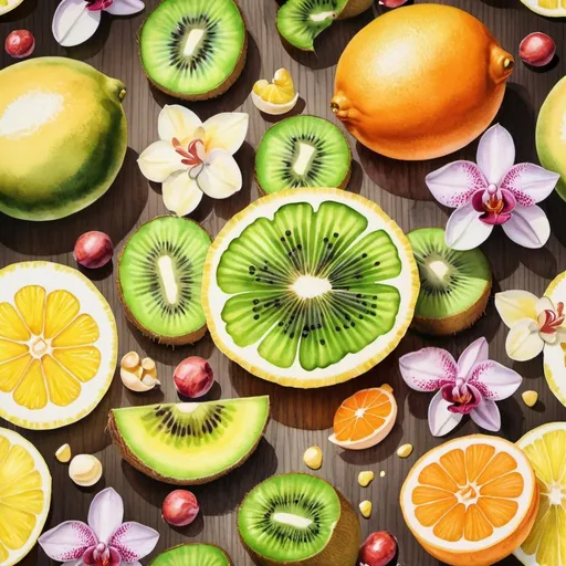 Prompt: A realistic watercolor painting of beautifully sliced fruits (lemon, melon, kiwi, lychees, mandarin) scattered with orchid flowers and white chocolate on a wood colored background 