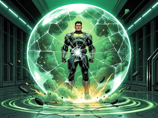 Prompt: A tall, muscular male military general with a strong jawline, sharp features, intense expression. Black tactical suit with metallic gray and yellow armor details across chest, shoulders, and waist. The suit is sleek, futuristic, and slightly battle-worn. He stands at the inside the center of a shattered energy diamond like globe, encased inside a glowing high-density energy force field. The shield is cracked with luminous fractures, venting smoke and vapor where it absorbed a massive explosive energy blast. Wisps of green-tinged smoke coil off the surface of the barrier, sparks and residual energy drifting in the air. He remains completely unharmed inside the field. His posture is calm and unshaken, arms relaxed at his sides, head slightly tilted forward as if disappointed. His expression is cold, emotionless, and authoritative. The environment around him is wrecked — cracked floors, debris suspended midair from the impact, scorch marks and shockwave ripples radiating outward. Faint green energy residue dissipates against the shield. The setting is inside a futuristic hallway with many futuristic glass doors. dramatic lighting from above, shadows emphasizing his physique. Comic book style, 