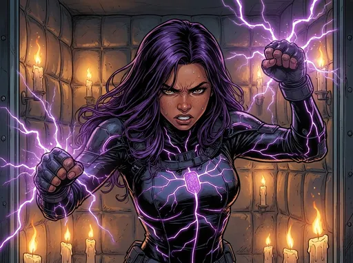 Prompt: a mixed-race teenage female with almond-shaped hazel eyes and long purple-dyed hair. She wears a black tactical containment suit with conductive routing panels and reinforced gloves. Her dampener lattice implant glows purple, branching like neural circuits beneath her skin and along the suit seams. Her containment cell Is covered in complete rubber padding and fire candles. She pounds on the glass wall with the base of her fist trying to get out, each impact is powered with electricity. Her face is full of frustration and anger. Cinematic shadows, crisp ink lines, detailed skin texture,  Marvel/DC comic style
