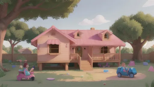 Prompt: Three-year-old girl playing in a spacious backyard, game-gta style, big beautiful house, pink bed, white dresser, blue rug, swing set, sandbox, treehouse, 1080p, 16:9 aspect ratio, vibrant colors, detailed textures, game-inspired, outdoor fun, playful atmosphere, sunny day, highres, realistic, cute design, professional lighting