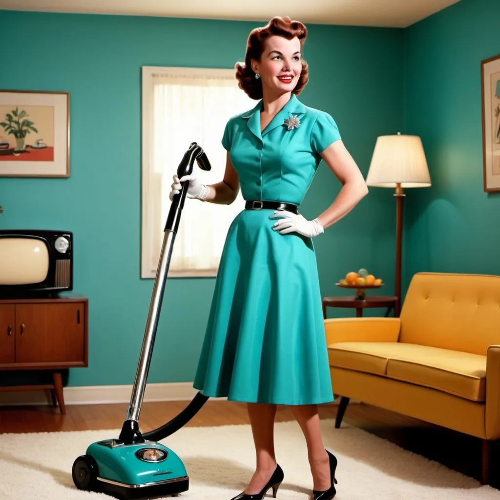 Prompt: create an image of a 1950s housewife in her living room running an old-style vacuum in the color teal. make the living room setting a design of midcentury modern atomic-style furniture and decor.