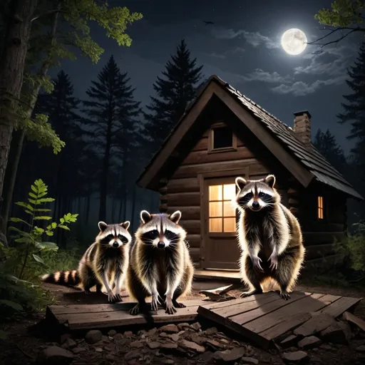 Prompt: Raccoons breaking into a Cabin in the woods at night. 