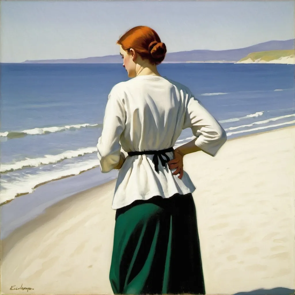 Prompt: A woman wearing a tunika with backpain in the beach painting by Edward Hopper 