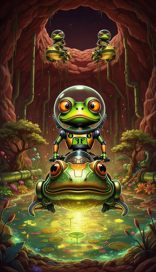 Prompt: @P17pa4zVpdQl5d7hXAX5 is in a cave on the planet Mars at night.  there are small stars in the sky.
 @P17pa4zVpdQl5d7hXAX5 is sitting on a green and yellow speeder bike that looks like the metal head of a frog and is floating in the air.
 @P17pa4zVpdQl5d7hXAX5 is wearing a clear glass helmet.
 @P17pa4zVpdQl5d7hXAX5 is large and fills the screen.
 @P17pa4zVpdQl5d7hXAX5 and the speeder bike are facing the camera.
 @P17pa4zVpdQl5d7hXAX5 is floating above a frog pond with yellow and green colored water,  glowing lily pads and plants and trees.
there are colored pipes coming out of the water and going up the walls of the cave.
Above @P17pa4zVpdQl5d7hXAX5 there are two large green and yellow frogs.  
they are both wearing clear glass helmets.  they are both sitting on green and yellow speeder bikes that look like the metal head of a frog..