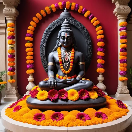 Prompt: A beautifully arranged altar featuring a black stone Shiva Lingam adorned with vibrant flowers and traditional decorations. The base is surrounded by a circular arrangement of marigold petals and rose petals, creating a colorful contrast. A trident stands beside the Lingam, symbolizing divine power. The background is softly blurred, highlighting the intricate details of the offerings and the serene ambiance of a temple setting, captured in high-resolution with warm, natural lighting.