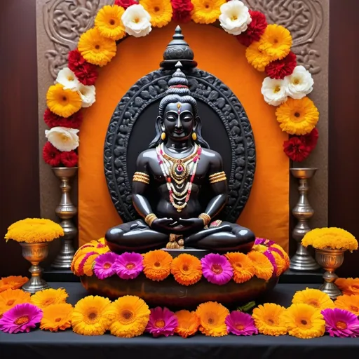 Prompt: A beautifully arranged altar featuring a black stone Shiva Lingam adorned with vibrant flowers and traditional decorations. The base is surrounded by a circular arrangement of marigold petals and rose petals, creating a colorful contrast. A trident stands beside the Lingam, symbolizing divine power. The background is softly blurred, highlighting the intricate details of the offerings and the serene ambiance of a temple setting, captured in high-resolution with warm, natural lighting.