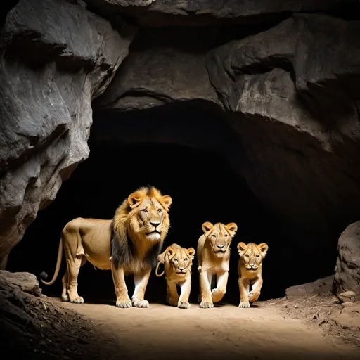 Prompt: Asiatic lion family walking on dark cave 