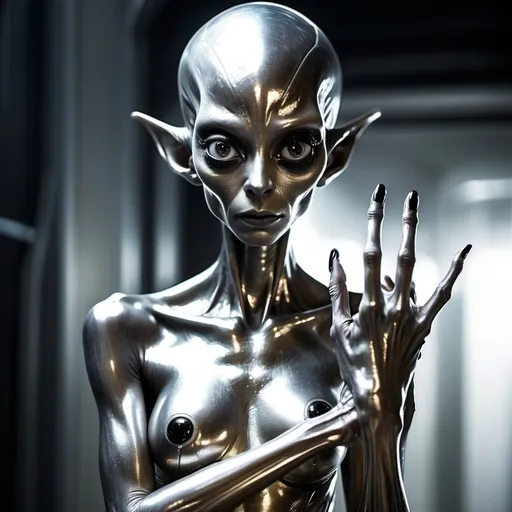 Prompt: tall metallic skinned alien woman with large black eyes and three-fingered hand.