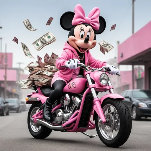 Prompt: Minnie mouse with allot of pink diamond chains on a black motorcycle showing stacks of $100 bils and wearing a pink hoodie and money flying in the air