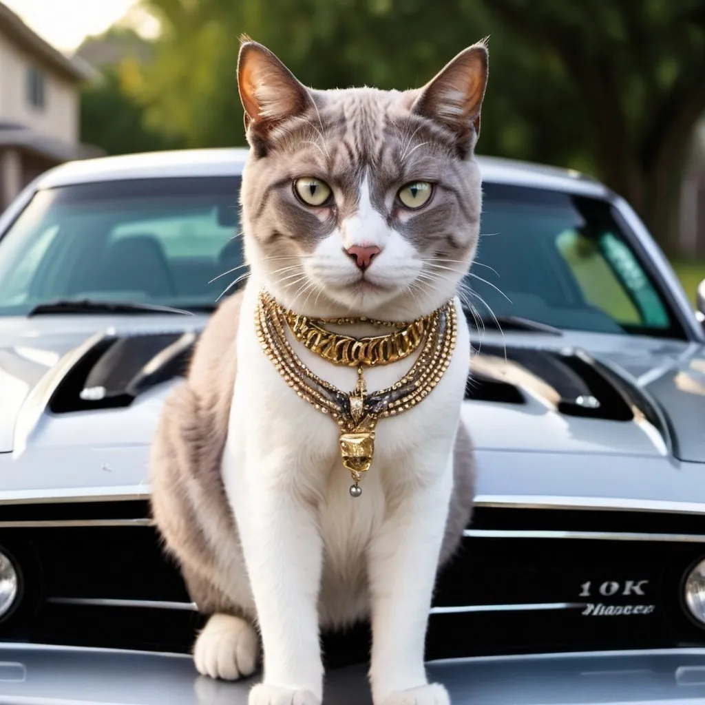 Prompt: A cat wearing lots of necklaces on a dodge charger hood and holding 10k