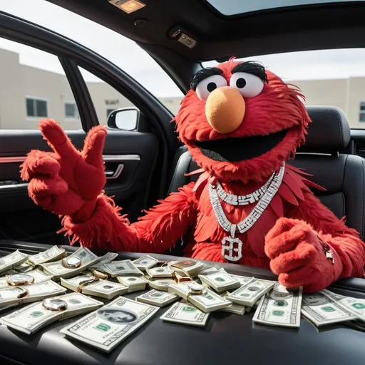 Prompt: Elmo wearing allot of diamond necklaces and a diamond rolex sitting in a 2023 dodge charger while sticking up the middle finger and allot of money flying in the background and an m necklace 