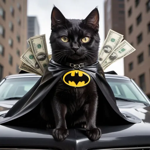 Prompt: sleek black cat, adorned in a Batman costume with the iconic bat symbol across its chest and a cape billowing behind. It's perched confidently on the hood of a Dodge, one paw holding a stack of money, while its gaze exudes a mix of determination and mischief.