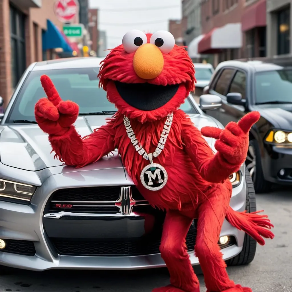 Prompt: Elmo wearing allot of diamond necklaces and a diamond rolex sitting in a 2023 dodge charger while sticking up the middle finger and allot of money flying in the background and an m necklace 