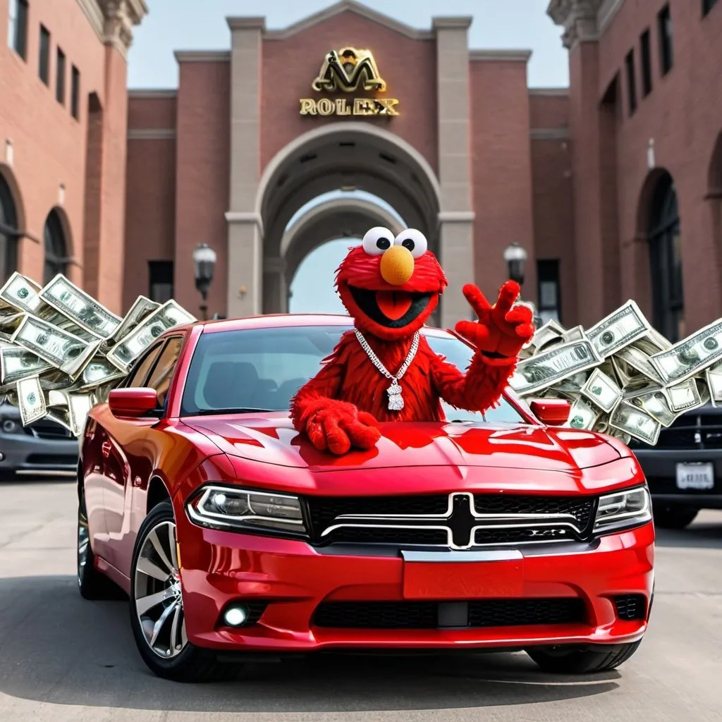 Prompt: Elmo wearing allot of diamond necklaces and a diamond rolex sitting in a 2023 dodge charger while sticking up the middle finger and allot of money flying in the background and an m.j necklace 