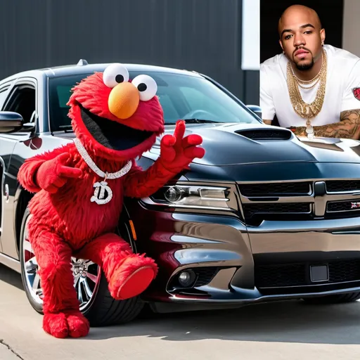 Prompt: Elmo wearing allot of diamond necklaces and a diamond rolex sitting in a 2023 dodge charger while sticking up the middle finger and allot of money flying in the background and an m.j necklace 