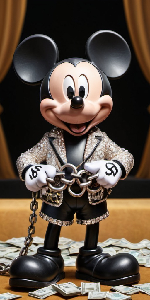 Prompt: A blinged out micky mouse with a lot of money holding a chain that says maro