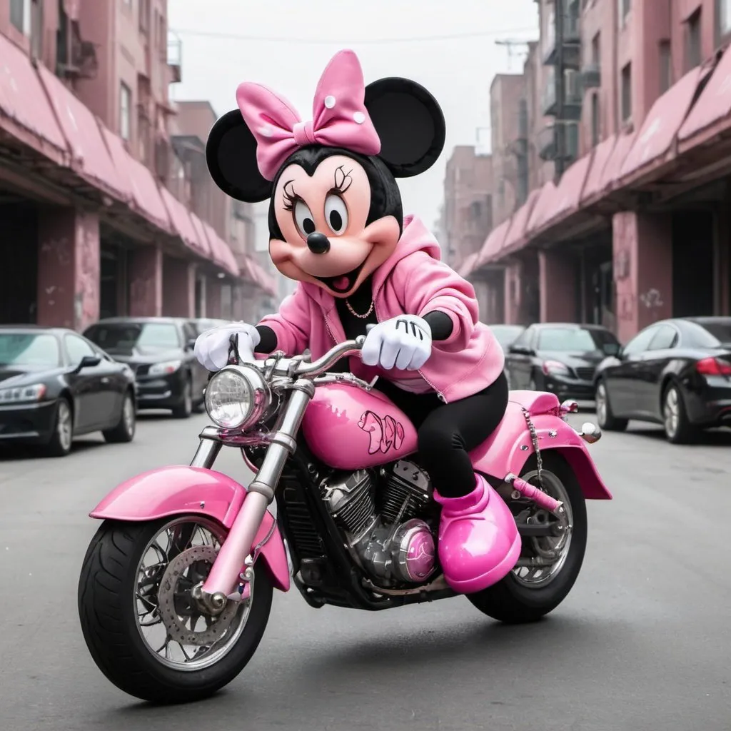 Prompt: Minnie mouse with allot of pink diamond chains on a black motorcycle showing stacks of $100 bils and wearing a pink hoodie