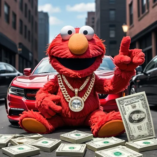 Prompt: Elmo wearing allot of diamond necklaces and a diamond rolex sitting in a 2023 dodge charger while sticking up the middle finger and allot of money flying in the background and an m.j necklace 