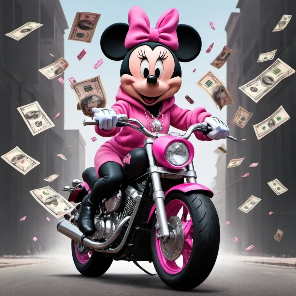 Prompt: Minnie mouse with allot of pink diamond chains on a black motorcycle showing stacks of $100 bils and wearing a pink hoodie and money flying in the air