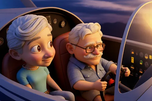 Prompt: @Q3kjBr86IOQpChIHNIbz and @EqFjBhEVLbRECLry2nGE are seated side by side in the cockpit of a small airplane. 
@EqFjBhEVLbRECLry2nGE is on the control and @Q3kjBr86IOQpChIHNIbz is looking at him with admiration.
