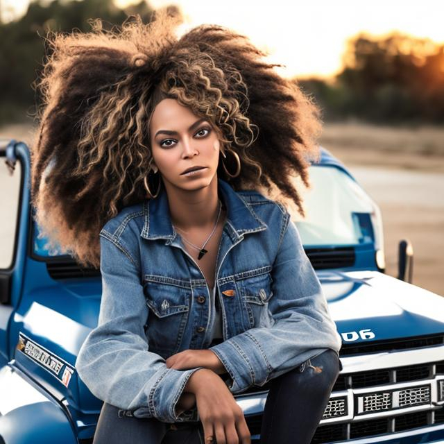 Prompt: a black female resembling Beyonce with dreadlocks and blue eyes sitting on top of a Ford f150