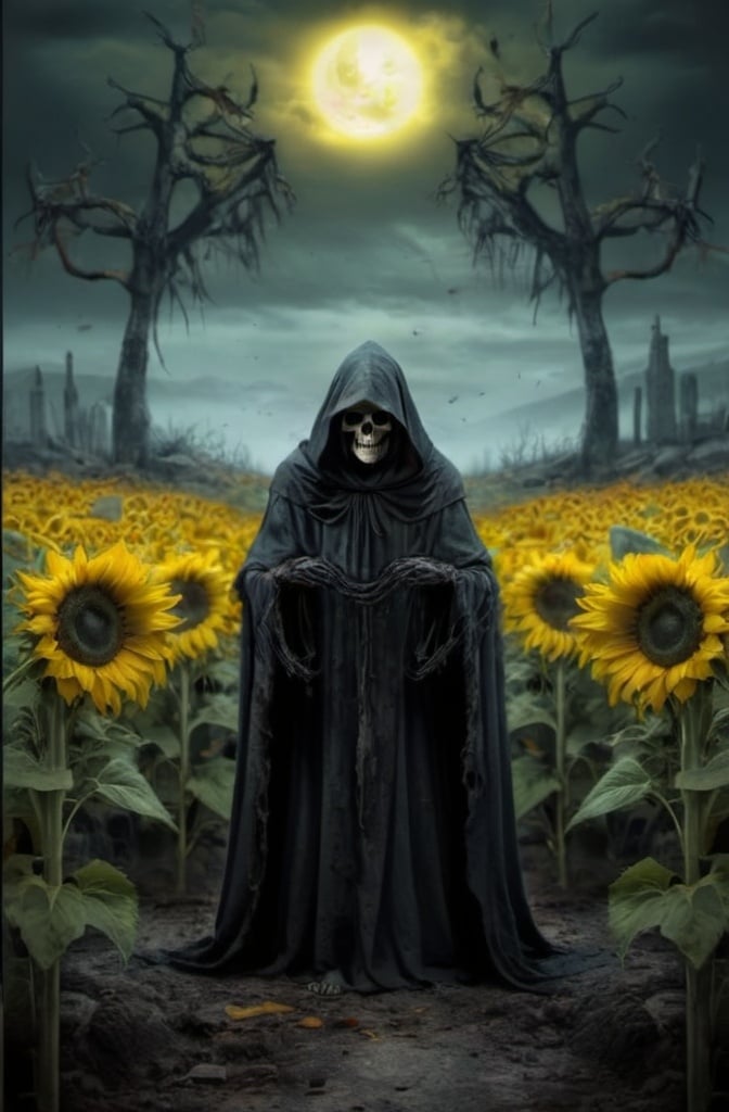 Prompt: Grim reaper, yellow sunflowers everywhere, dark and eerie materials, tattered cloak, desolate landscape, high contrast shadows, macabre style, eerie lighting, chilling color tones, ultra-denifition detailed, misty, macabre, desolate, dark and eerie, chilling atmosphere, detailed cloak, sinister death features, professional.