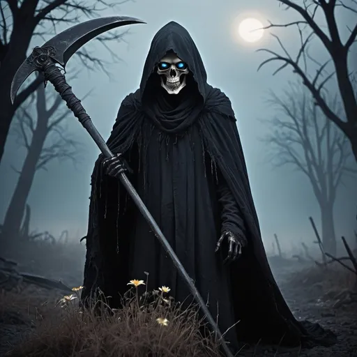 Prompt: Grim reaper, glowing blue eyes, dark and eerie materials, tattered cloak, haunting scythe, desolate landscape, misty atmosphere, high contrast shadows, macabre style, eerie lighting, chilling color tones, ultra-detailed, misty, haunting, macabre, desolate, sinister, high contrast, dark and eerie, chilling atmosphere, detailed cloak, skeletal features, professional. Holding yello daisy flower bouquet