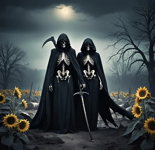 Prompt: Grim reaper, couple lovers, beauty girl, dark and eerie materials, tattered cloak, haunting scythe, desolate landscape, misty atmosphere, high contrast shadows, macabre style, eerie lighting, chilling color tones, ultra-detailed definition,  macabre, desolate, sinister, high contrast, dark and eerie, chilling atmosphere, detailed cloak, skeletal features, professional. Yellow sunflowers everywhere.