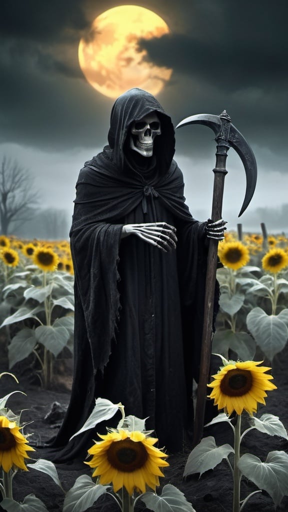 Prompt: Grim reaper, dark and eerie materials, tattered cloak, haunting scythe, desolate landscape, misty atmosphere, high contrast shadows, macabre style, eerie lighting, chilling color tones, ultra-detailed definition,  macabre, desolate, sinister, high contrast, dark and eerie, chilling atmosphere, detailed cloak, skeletal features, professional. Yellow sunflowers everywhere.