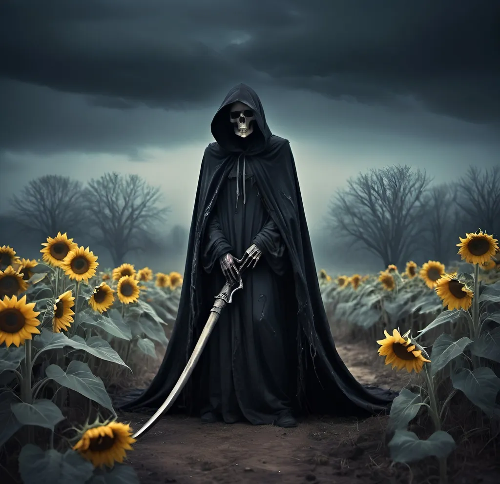 Prompt: Grim reaper, couple lovers, beauty girl, dark and eerie materials, tattered cloak, haunting scythe, desolate landscape, misty atmosphere, high contrast shadows, macabre style, eerie lighting, chilling color tones, ultra-detailed definition,  macabre, desolate, sinister, high contrast, dark and eerie, chilling atmosphere, detailed cloak, skeletal features, professional. Yellow sunflowers everywhere.