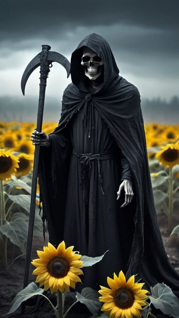 Prompt: Grim reaper, dark and eerie materials, tattered cloak, haunting scythe, desolate landscape, misty atmosphere, high contrast shadows, macabre style, eerie lighting, chilling color tones, ultra-detailed definition,  macabre, desolate, sinister, high contrast, dark and eerie, chilling atmosphere, detailed cloak, skeletal features, professional. Yellow sunflowers everywhere.