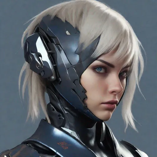 Prompt: hires, solo, close-up,standing tall,
1lady, beautiful face, innocent , super suit, leather texture,
Matte Black stealthy futuristic metal armor,  metal gear style, Cyborg ninja, mutated cyborg, dark colors, complementary colors, fine details, concept art, 8k, Silence horror
Bob cut white hair, hair shine,
deep blue eyes, detailed eyes, eyelashes, brow, looking towards the horizon,
thick red lips, lip shine, teeth, photogenic smile, evil grin,
tan skin, skin sheen, large chest, cleavage 
thin body, toned body, hourglass figure, bright (Outline), border line, line, 
cyborgninja, cyborg mecha, bodysuit,bio mecha,muscle tissue