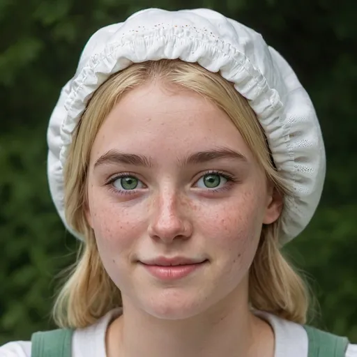 Prompt: picture of a young woman with a friendly round face, freckles and green eyes wearing a white bonnet, blonde hair